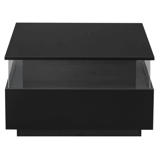 Mesa de centro moderna com LED 70x70x41 cm - 2 gavetas, área de exposição transparente, carga até 30 kg - Preto