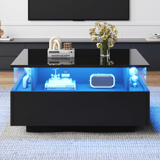 Mesa de centro moderna com LED 70x70x41 cm - 2 gavetas, área de exposição transparente, carga até 30 kg - Preto