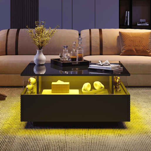 Mesa de centro moderna com LED 70x70x41 cm - 2 gavetas, área de exposição transparente, carga até 30 kg - Preto
