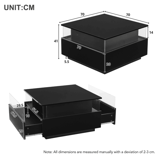 Mesa de centro moderna com LED 70x70x41 cm - 2 gavetas, área de exposição transparente, carga até 30 kg - Preto