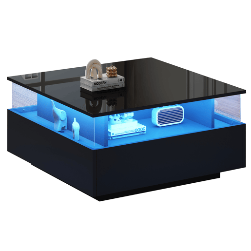 Mesa de centro moderna com LED 70x70x41 cm - 2 gavetas, área de exposição transparente, carga até 30 kg - Preto