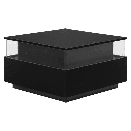Mesa de centro moderna com LED 70x70x41 cm - 2 gavetas, área de exposição transparente, carga até 30 kg - Preto
