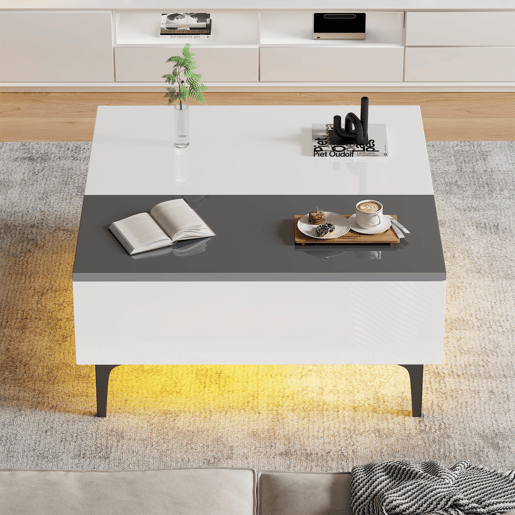 Mesa de café elevável 707035 cm - Mesa de sala com arrumação oculta e prateleiras, secretária com LED, mesa com gavetas - Branco