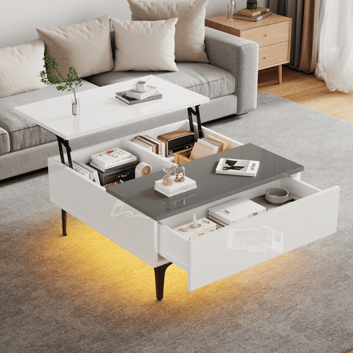 Mesa de café elevável 707035 cm - Mesa de sala com arrumação oculta e prateleiras, secretária com LED, mesa com gavetas - Branco
