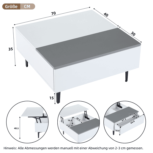 Mesa de café elevável 707035 cm - Mesa de sala com arrumação oculta e prateleiras, secretária com LED, mesa com gavetas - Branco