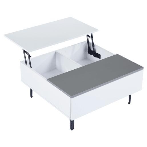 Mesa de café elevável 707035 cm - Mesa de sala com arrumação oculta e prateleiras, secretária com LED, mesa com gavetas - Branco