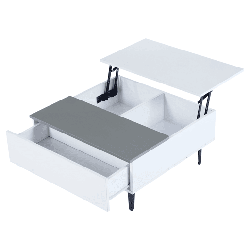 Mesa de café elevável 707035 cm - Mesa de sala com arrumação oculta e prateleiras, secretária com LED, mesa com gavetas - Branco