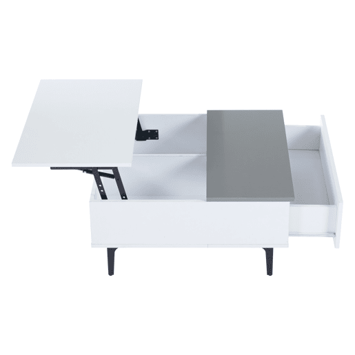 Mesa de café elevável 707035 cm - Mesa de sala com arrumação oculta e prateleiras, secretária com LED, mesa com gavetas - Branco