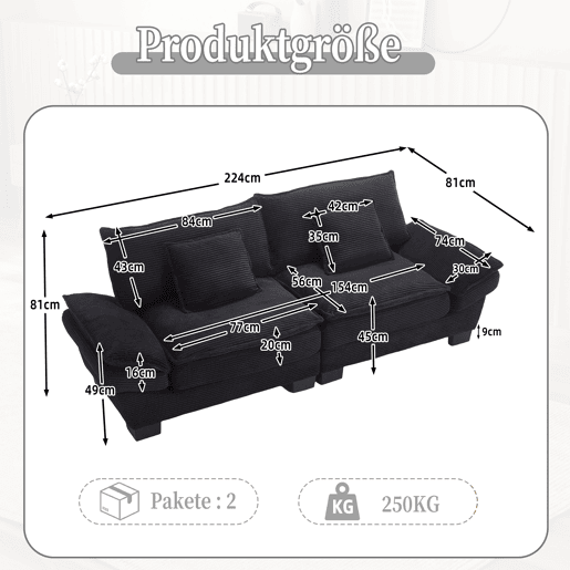 Sofá moderno de 2 lugares - com cama extra, almofada incluída, confortável e espaçoso - Preto Sofá moderno de 2 lugares - com cama extra, almofada incluída, confortável e espaçoso - Preto