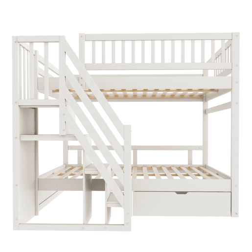 Cama beliche 140*200 cm - Com grade de segurança alta, com estrado, escada de segurança com arrumação, com gavetas de arrumação - Branco
