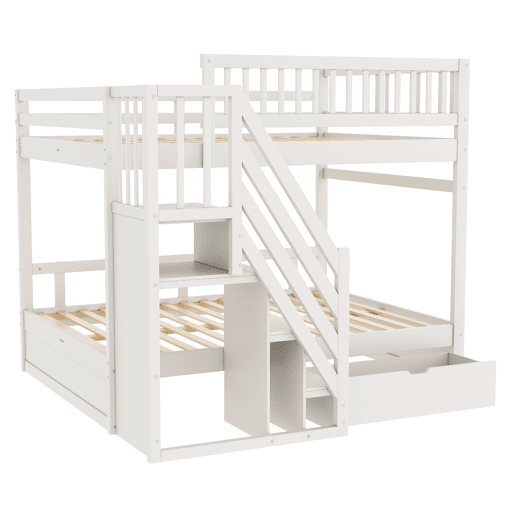 Cama beliche 140*200 cm - Com grade de segurança alta, com estrado, escada de segurança com arrumação, com gavetas de arrumação - Branco