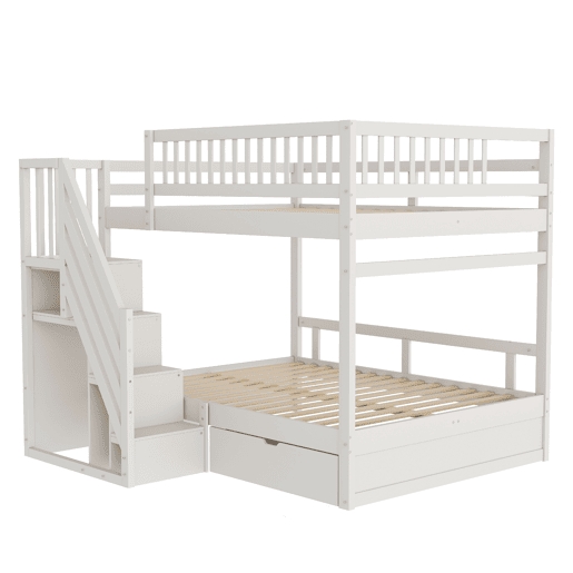 Cama beliche 140*200 cm - Com grade de segurança alta, com estrado, escada de segurança com arrumação, com gavetas de arrumação - Branco