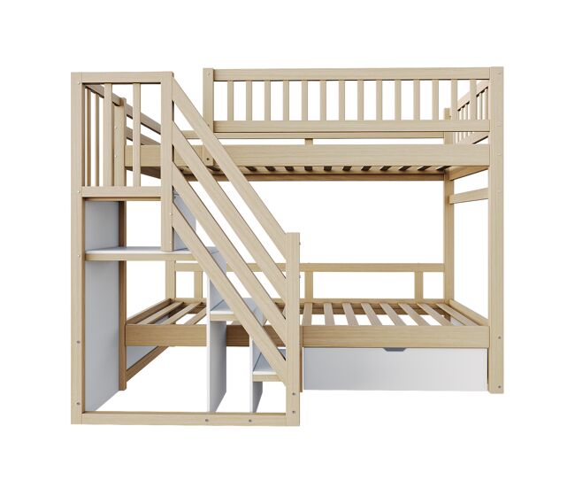 Litera de madera 90*200 cm - con barandilla de seguridad alta, con somier, escalera con almacenamiento, con cajones, cama infantil juvenil - madera
