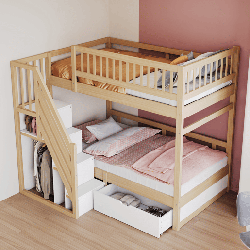 Cama alta em madeira 90*200 cm - Com grade de segurança alta, com estrado, escada com arrumação, com gavetas, cama infantil juvenil - Madeira natural e branca