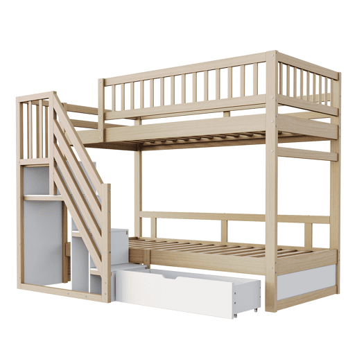 Cama alta em madeira 90*200 cm - Com grade de segurança alta, com estrado, escada com arrumação, com gavetas, cama infantil juvenil - Madeira natural e branca