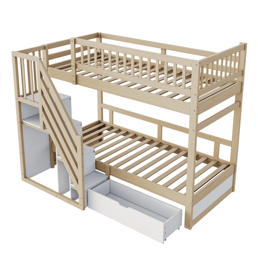 Cama alta em madeira 90*200 cm - Com grade de segurança alta, com estrado, escada com arrumação, com gavetas, cama infantil juvenil - Madeira natural e branca