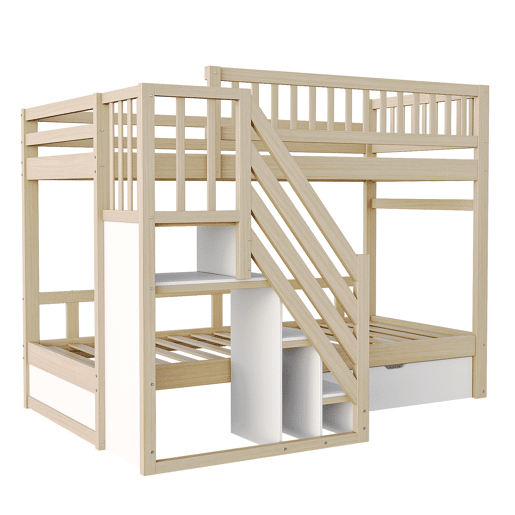 Cama alta em madeira 90*200 cm - Com grade de segurança alta, com estrado, escada com arrumação, com gavetas, cama infantil juvenil - Madeira natural e branca