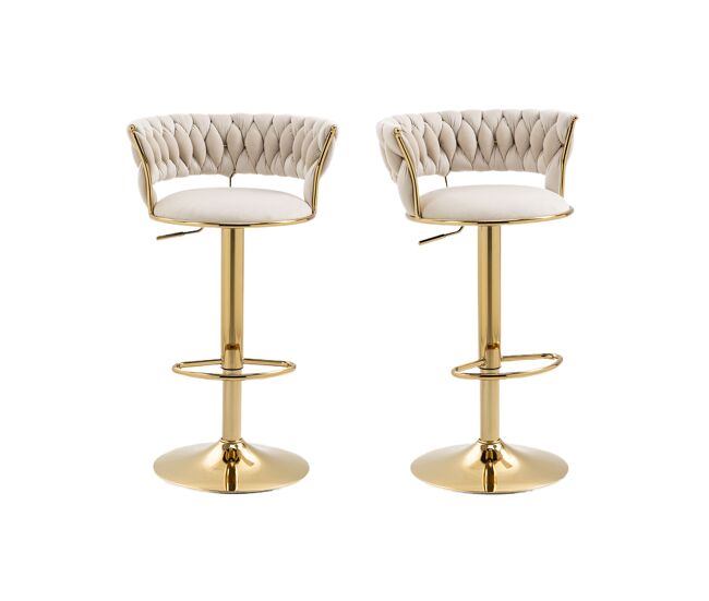 Taburete de bar - set de 2 piezas - 360° giratorio, respaldo hecho a mano, altura ajustable, acolchado suave - marfil