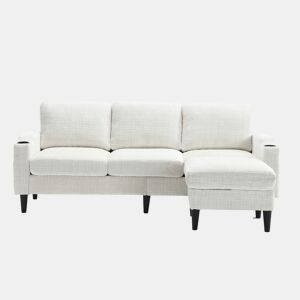 Sofá elegante de 4 lugares - com apoio para os pés, arrumação, braços confortáveis, porta-copos, bolsos laterais e pés de plástico resistentes - Bege