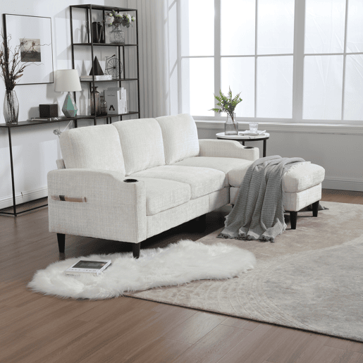 Sofá elegante de 4 lugares - com apoio para os pés, arrumação, braços confortáveis, porta-copos, bolsos laterais e pés de plástico resistentes - Bege