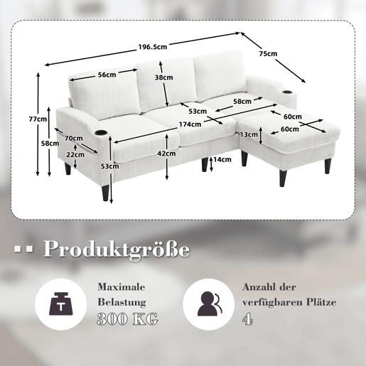 Sofá elegante de 4 lugares - com apoio para os pés, arrumação, braços confortáveis, porta-copos, bolsos laterais e pés de plástico resistentes - Bege