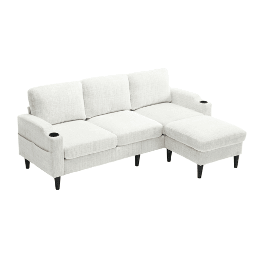 Sofá elegante de 4 lugares - com apoio para os pés, arrumação, braços confortáveis, porta-copos, bolsos laterais e pés de plástico resistentes - Bege