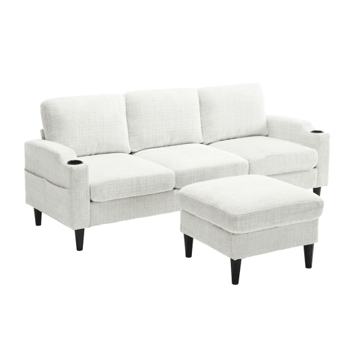 Sofá elegante de 4 lugares - com apoio para os pés, arrumação, braços confortáveis, porta-copos, bolsos laterais e pés de plástico resistentes - Bege