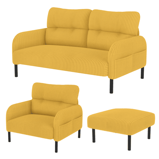 Conjunto de 3 peças Cord - Poltrona + Banqueta + Sofá de 2 lugares - Estrutura em aço, encosto extra macio, assento profundo, modular - Amarelo mostarda