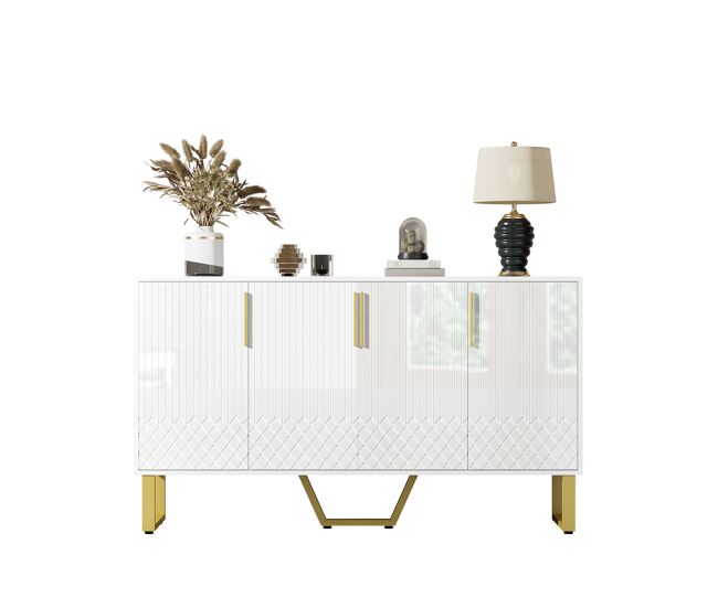Sideboard 140x40x80 cm - diseño geométrico, 4 puertas, con manijas y patas de metal - blanco