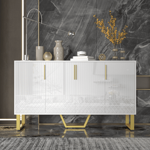 Aparador 140x40x80 cm - Design geométrico, 4 portas, com puxadores e pés em metal - Branco