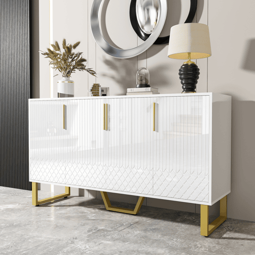 Aparador 140x40x80 cm - Design geométrico, 4 portas, com puxadores e pés em metal - Branco