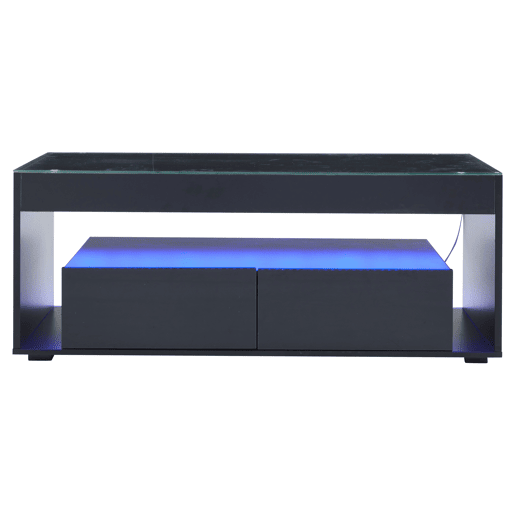 Mesa de café retangular - 16 cores LED, 2 gavetas grandes, design de 2 camadas - Preto