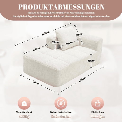 Sofá chaise longue confortável - sem montagem, macio com almofadas, bolsos laterais para comando remoto e telemóvel - Bege