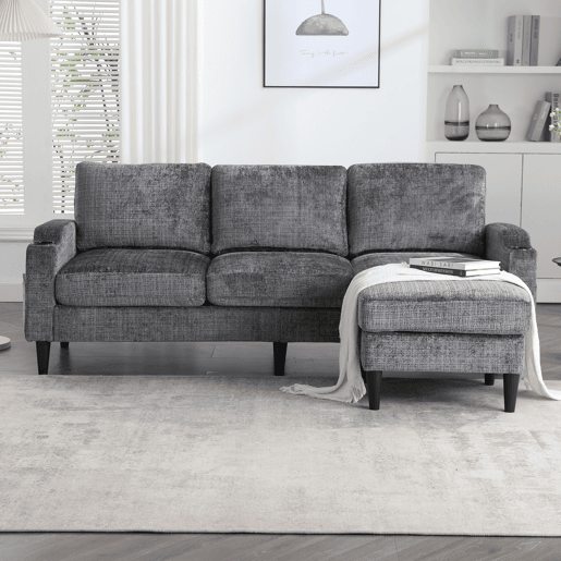 Sofá elegante de 4 lugares - com banqueta, arrumação, apoios de braços confortáveis, porta-copos, bolsos laterais, pés de plástico resistentes, estofado em veludo - Cinza
