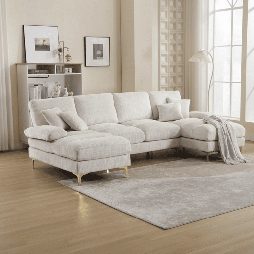 Sofá seccional grande em U - Chenille com chaise longue dupla - Bege