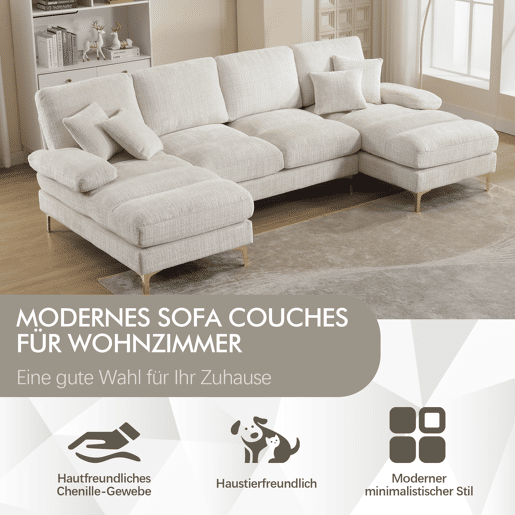 Sofá seccional grande em U - Chenille com chaise longue dupla - Bege