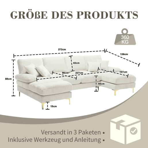 Sofá seccional grande em U - Chenille com chaise longue dupla - Bege