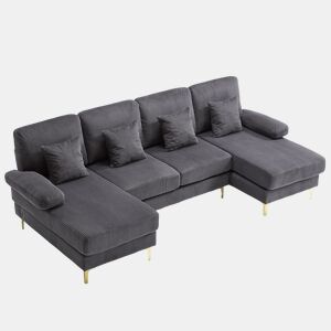 Sofá U moderno - 4 almofadas luxuosas, encosto ergonómico, estrutura em madeira maciça com iluminação LED e porta USB-C - Cinza
