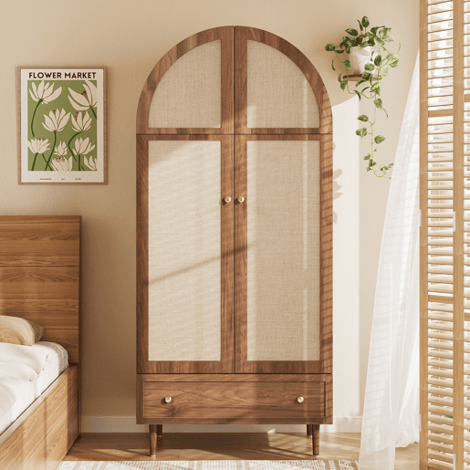 Armário elegante com portas de tecido e gaveta - Aparador - Madeira, pés de madeira estáveis, armazenamento prático para roupas e acessórios