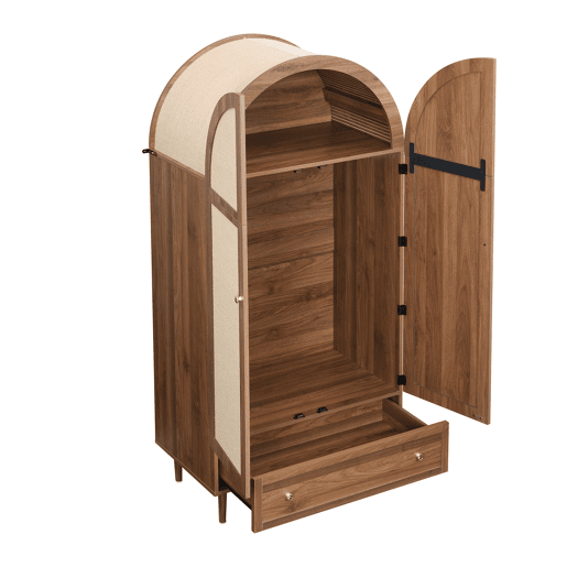 Armário elegante com portas de tecido e gaveta - Aparador - Madeira, pés de madeira estáveis, armazenamento prático para roupas e acessórios