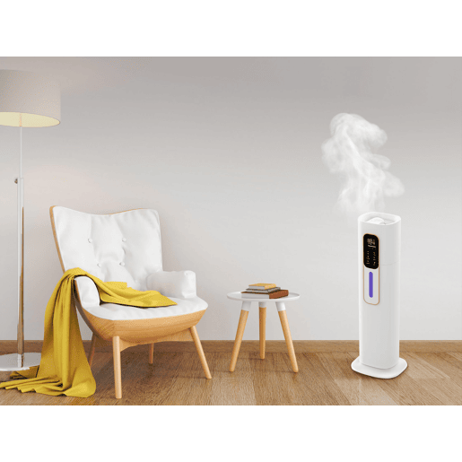 Humidificador ultra-sónico e ultra-silencioso. Com tanque de 9L e desenho de torre, ideal para climas secos e para aliviar problemas respiratórios.