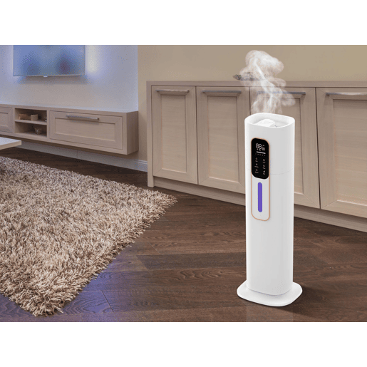 Humidificador ultra-sónico e ultra-silencioso. Com tanque de 9L e desenho de torre, ideal para climas secos e para aliviar problemas respiratórios.