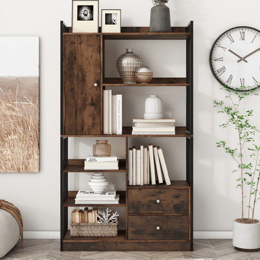 Estante para livros com 6 prateleiras - Estante com portas e gavetas - Castanho antigo Estante para livros com 6 prateleiras - Estante com portas e gavetas - Castanho antigo