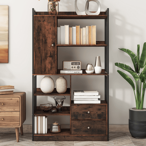 Estante para livros com 6 prateleiras - Estante com portas e gavetas - Castanho antigo Estante para livros com 6 prateleiras - Estante com portas e gavetas - Castanho antigo