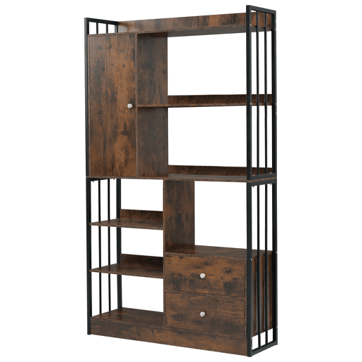 Estante para livros com 6 prateleiras - Estante com portas e gavetas - Castanho antigo Estante para livros com 6 prateleiras - Estante com portas e gavetas - Castanho antigo