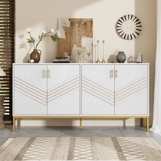 Aparador moderno - com 4 portas, prateleiras ajustáveis e grande capacidade, design elegante em MDF com pés metálicos - branco e dourado
