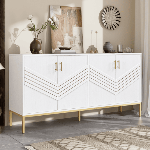 Aparador moderno - com 4 portas, prateleiras ajustáveis e grande capacidade, design elegante em MDF com pés metálicos - branco e dourado