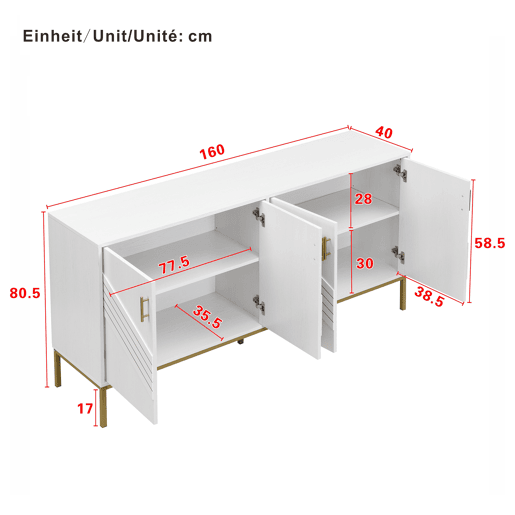 Aparador moderno - com 4 portas, prateleiras ajustáveis e grande capacidade, design elegante em MDF com pés metálicos - branco e dourado