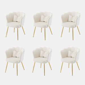 Conjunto de 6 cadeiras modernas de veludo - Cadeiras estofadas com encosto em forma de pétala, pernas de metal dourado, almofadas em forma de borboleta - Bege