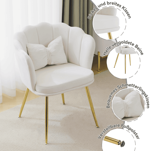 Conjunto de 6 cadeiras modernas de veludo - Cadeiras estofadas com encosto em forma de pétala, pernas de metal dourado, almofadas em forma de borboleta - Bege